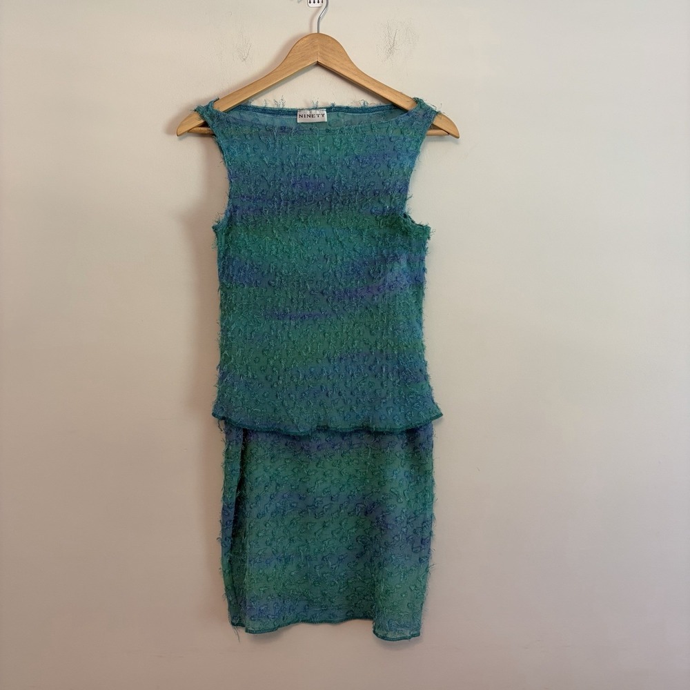 Ninety 2 Pc Skirt Set Medium Teal Blue Textured Sheer Sleeveless Y2K NWT